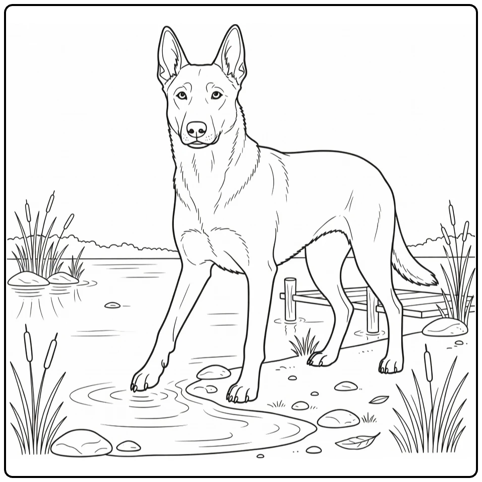 Belgian Malinois coloring page by calm lake with reeds