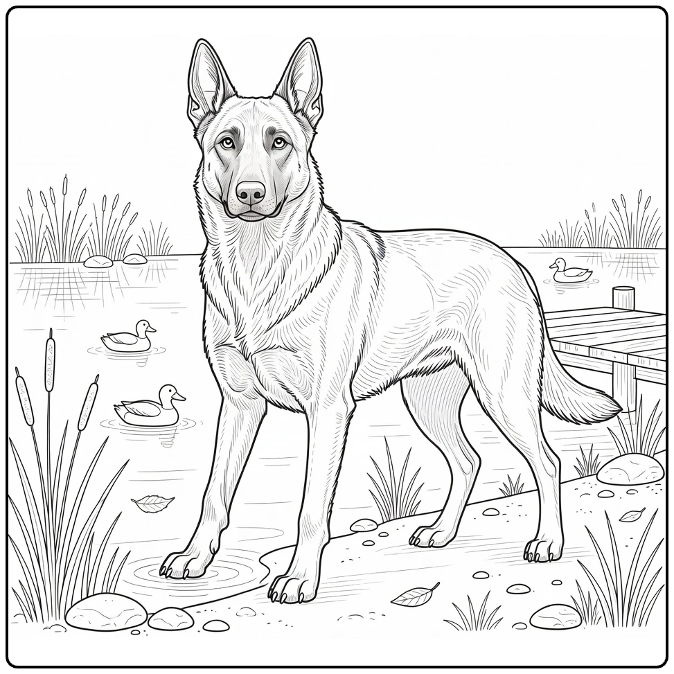 Belgian Malinois coloring page: dog by lake with ducks, reeds