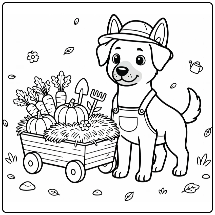 Belgian Malinois coloring page: cute farm dog by wagon