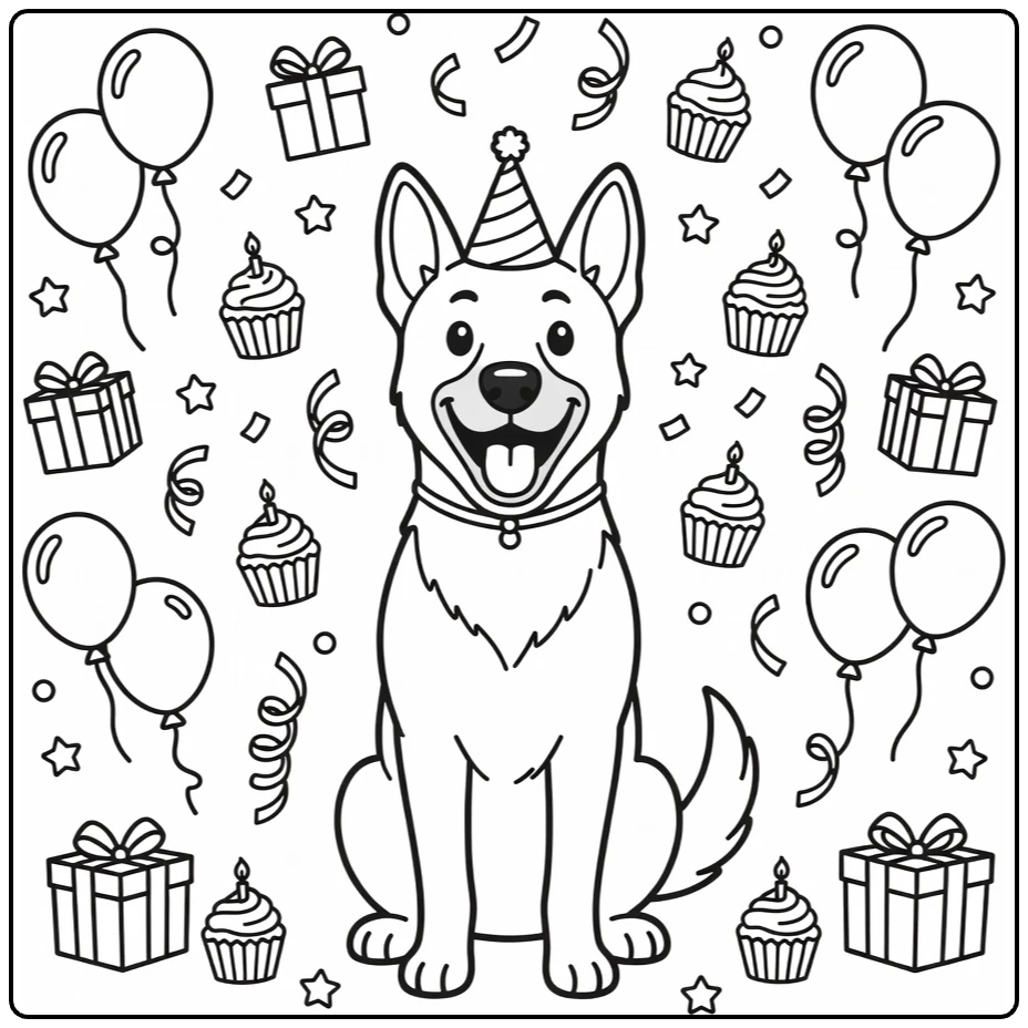 Belgian Malinois coloring page: joyful dog in party hat amid balloons, gifts