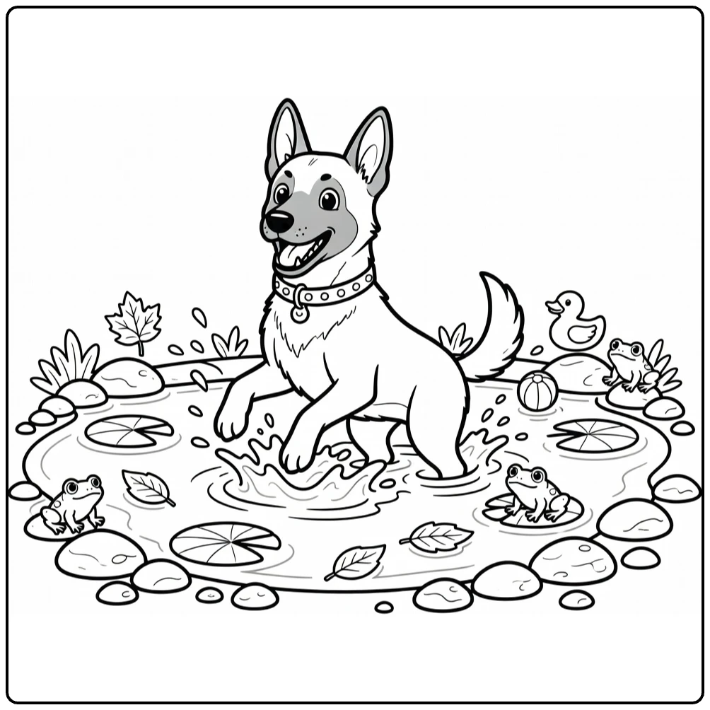 Belgian Malinois coloring page: playful dog splashing in pond