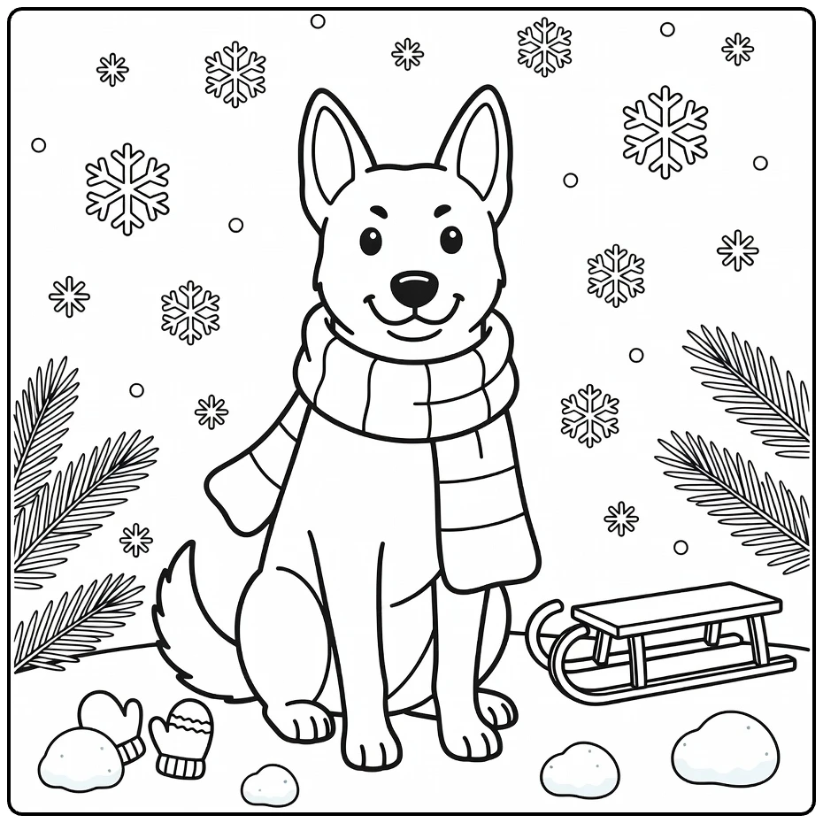 Belgian Malinois coloring page: cute dog in snowy winter with scarf, sled