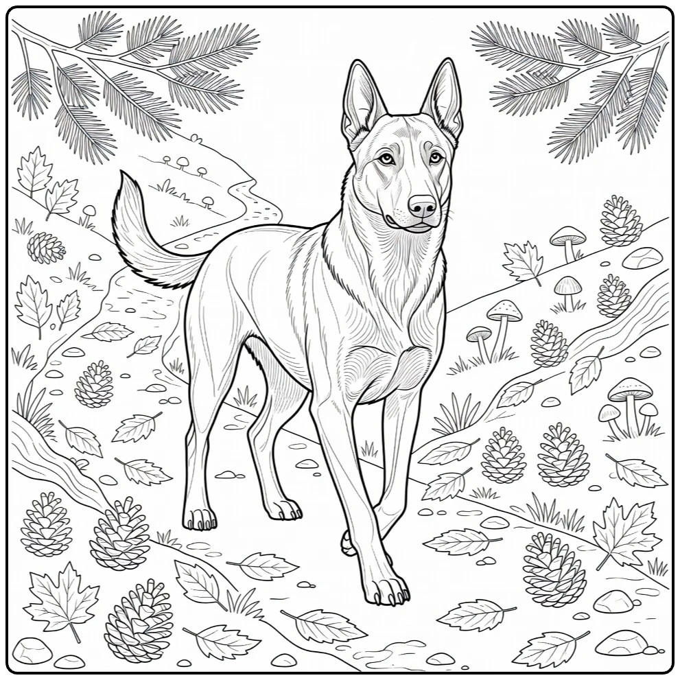 Belgian Malinois coloring page walking forest trail with leaves