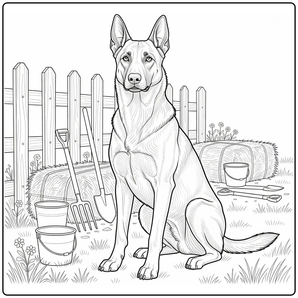 Belgian Malinois coloring page: proud dog by farm fence, hay bales