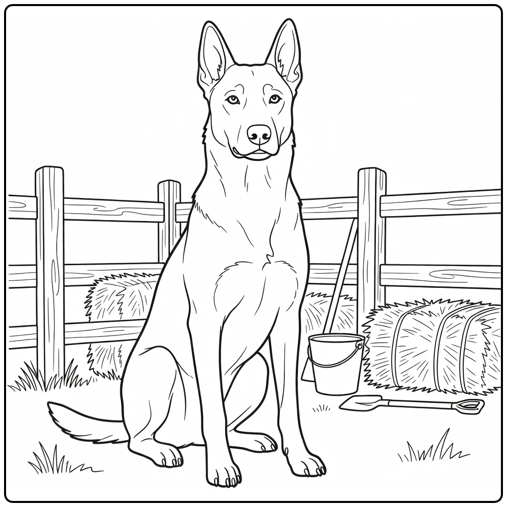 Belgian Malinois coloring page sitting by farm fence