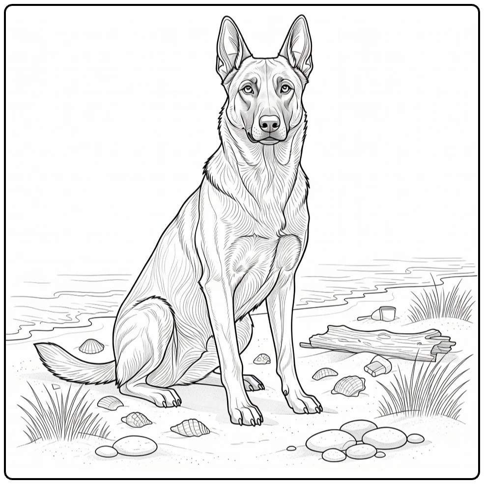 Belgian Malinois coloring page sitting on beach with seashells