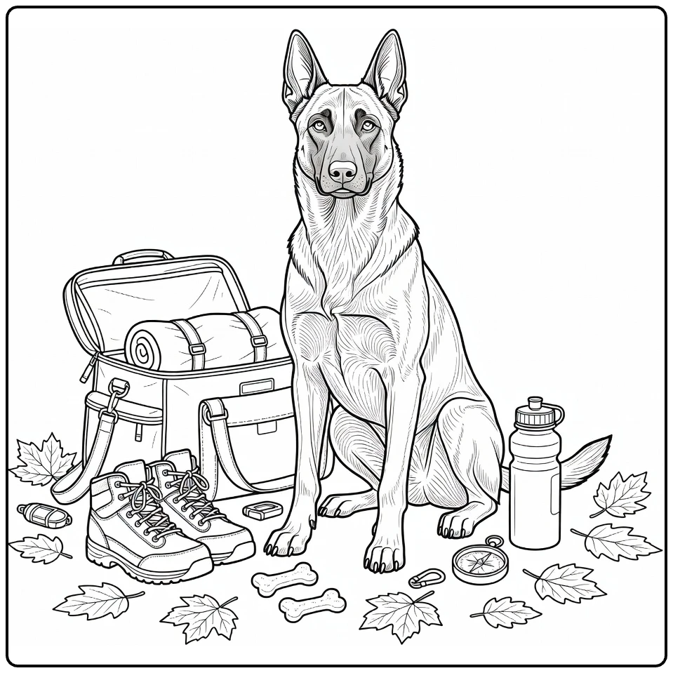 Belgian Malinois coloring page: proud dog by travel bag, gear