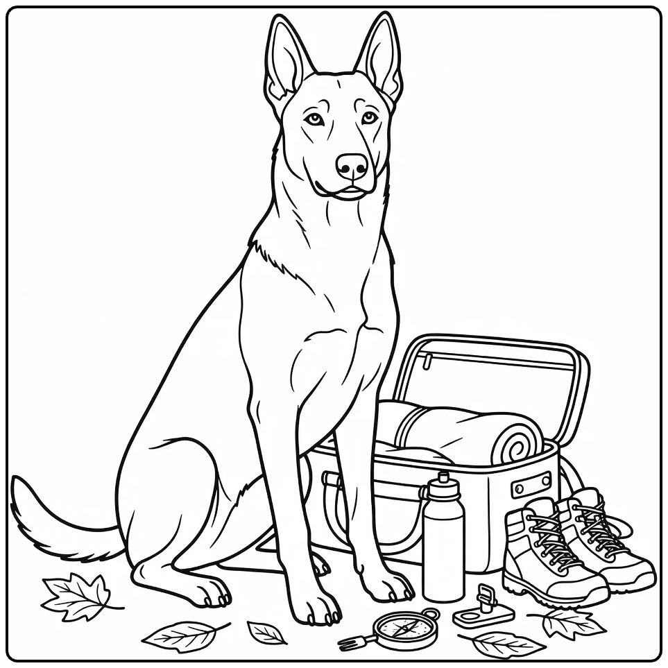 Belgian Malinois coloring page: dog by travel bag