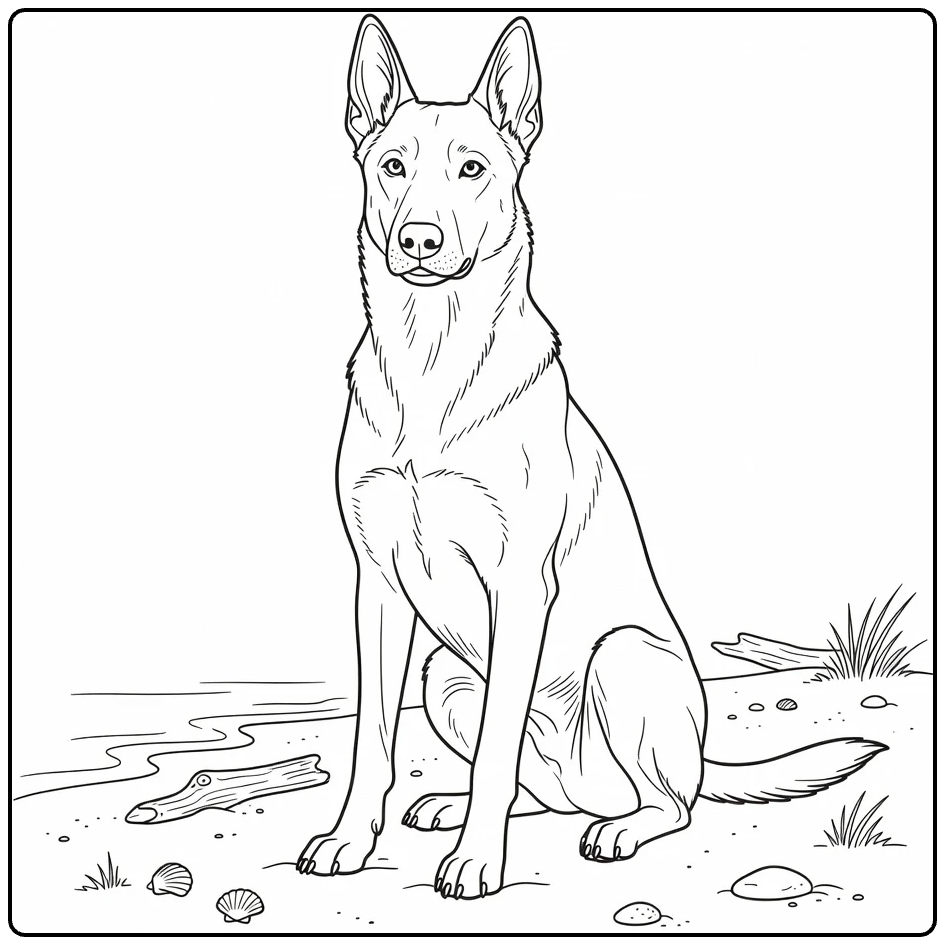 Belgian Malinois coloring page: dog on beach with seashells