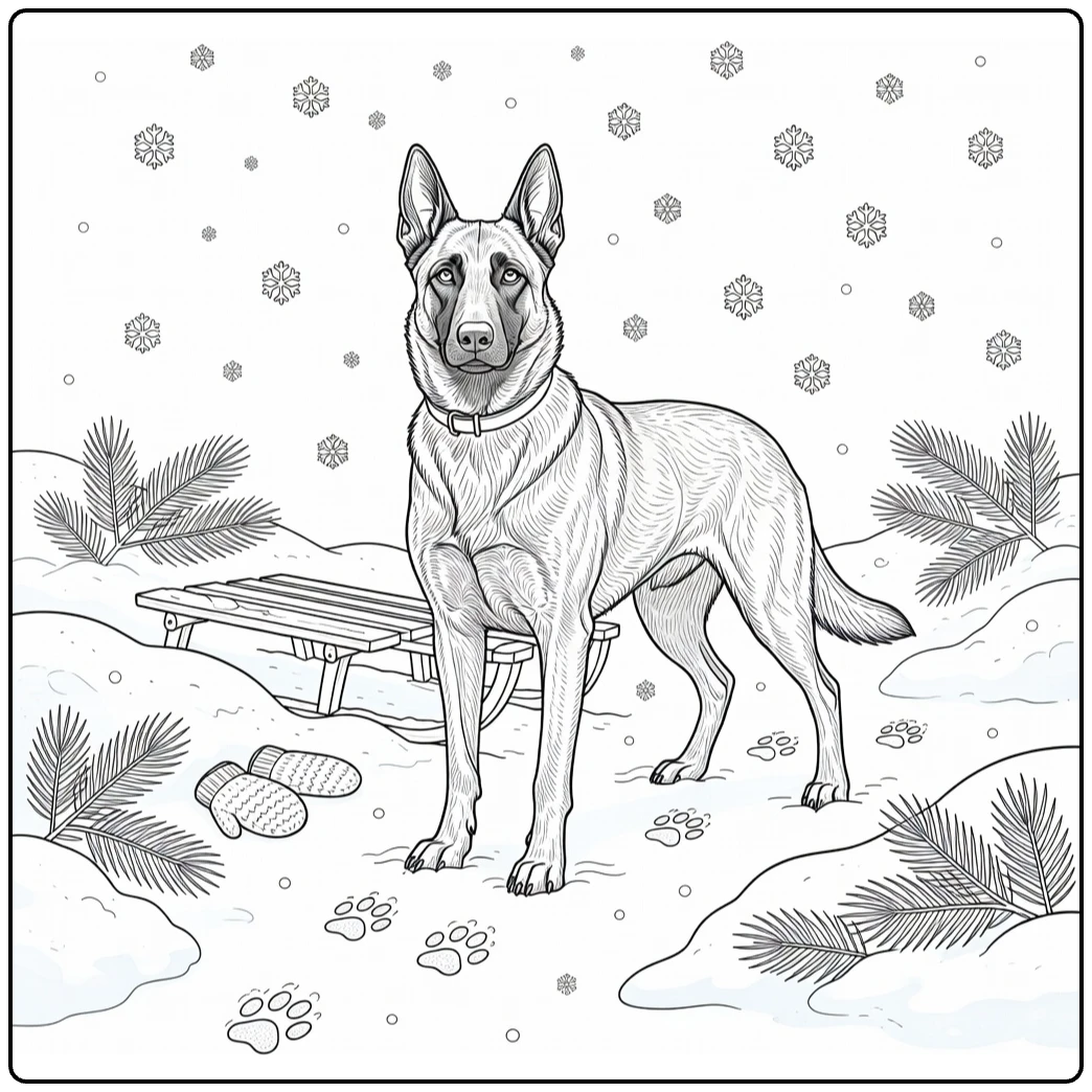 Belgian Malinois coloring page: alert dog in snowy yard with sled, paw prints
