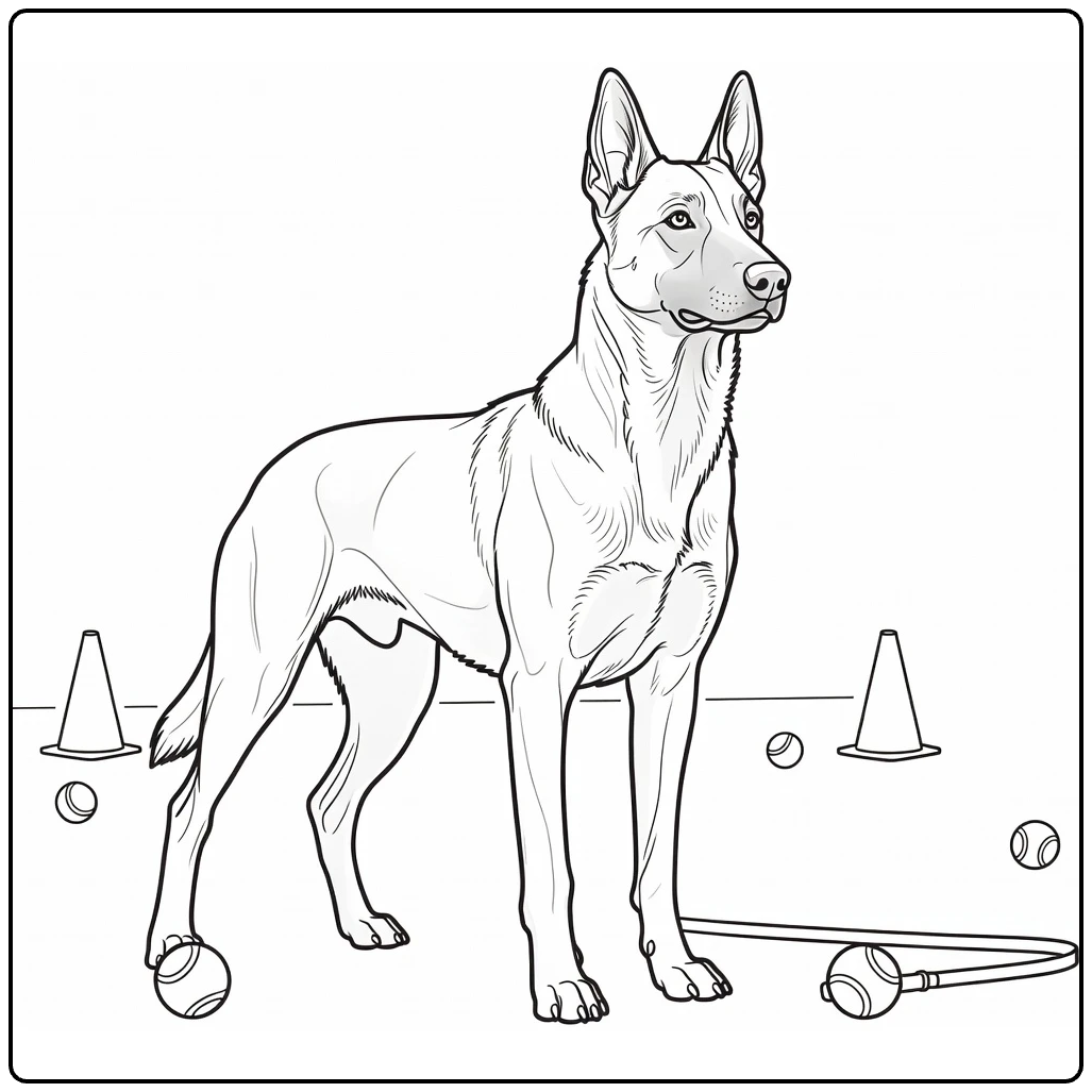 Belgian Malinois coloring page: alert dog in training field