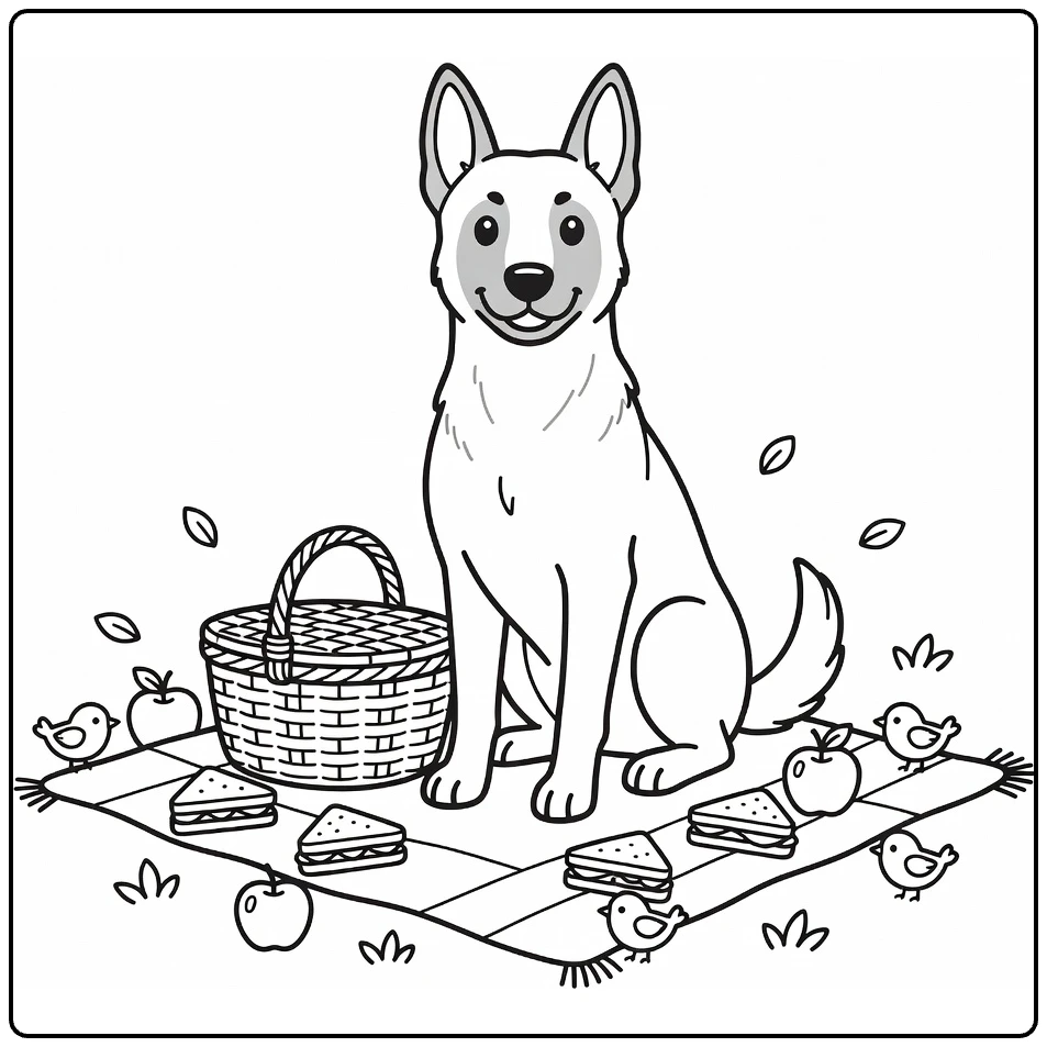 Belgian Malinois coloring page: proud dog at park picnic