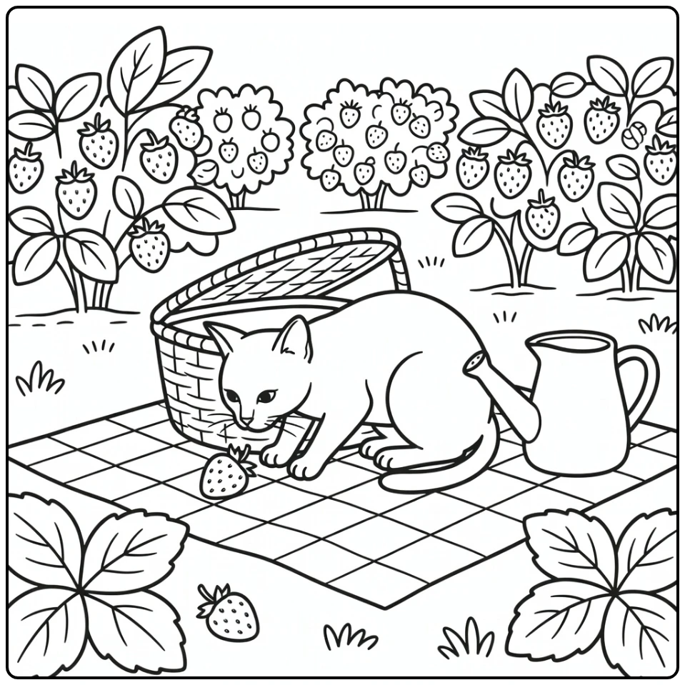 Summer cat coloring pages: Abyssinian sniffing strawberry in berry field