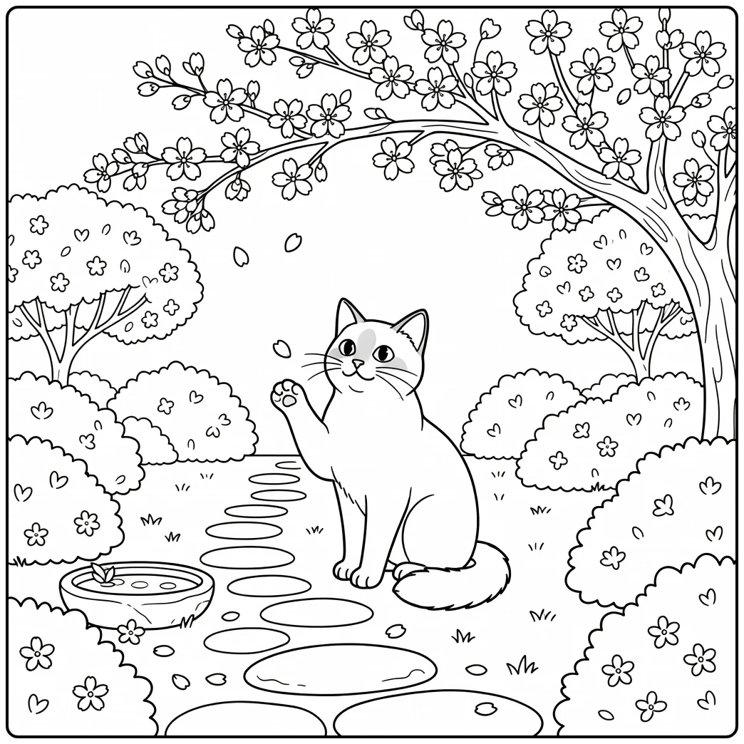 Spring cat coloring pages: Birman cat catches petal under blossoms