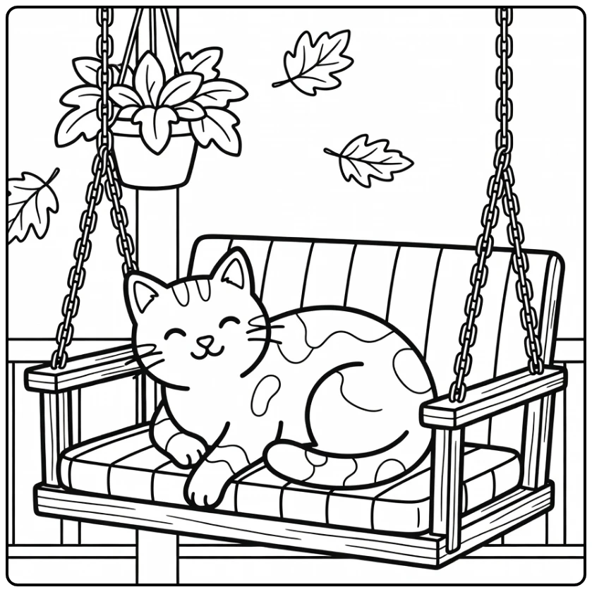 Black and white cat coloring pages: cat curled on porch swing, paw dangling