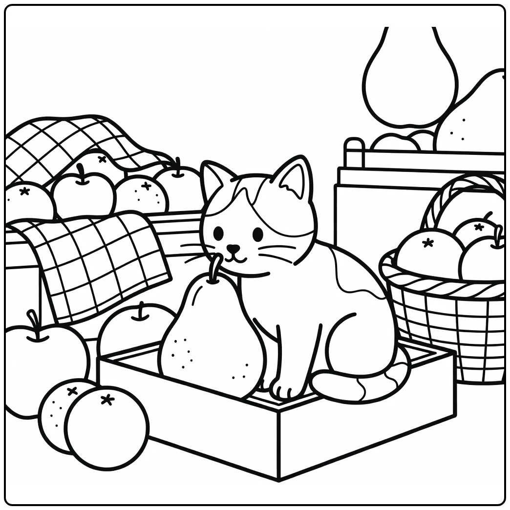 black and white cat coloring pages: cat nudges pear in crate