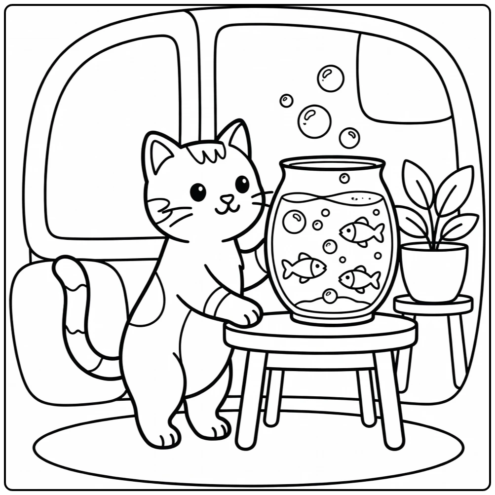 Black and white cat coloring pages: curious cat inspects tall fishbowl