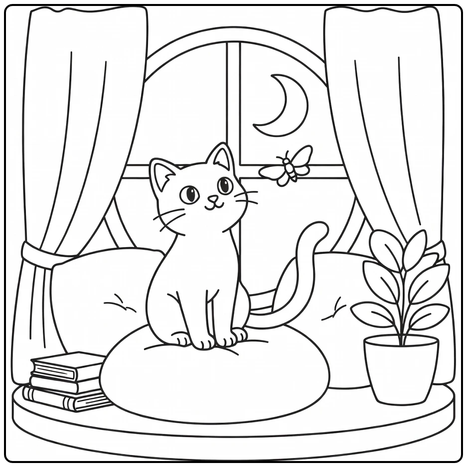 Black cat coloring pages: cat on windowsill eyes moth
