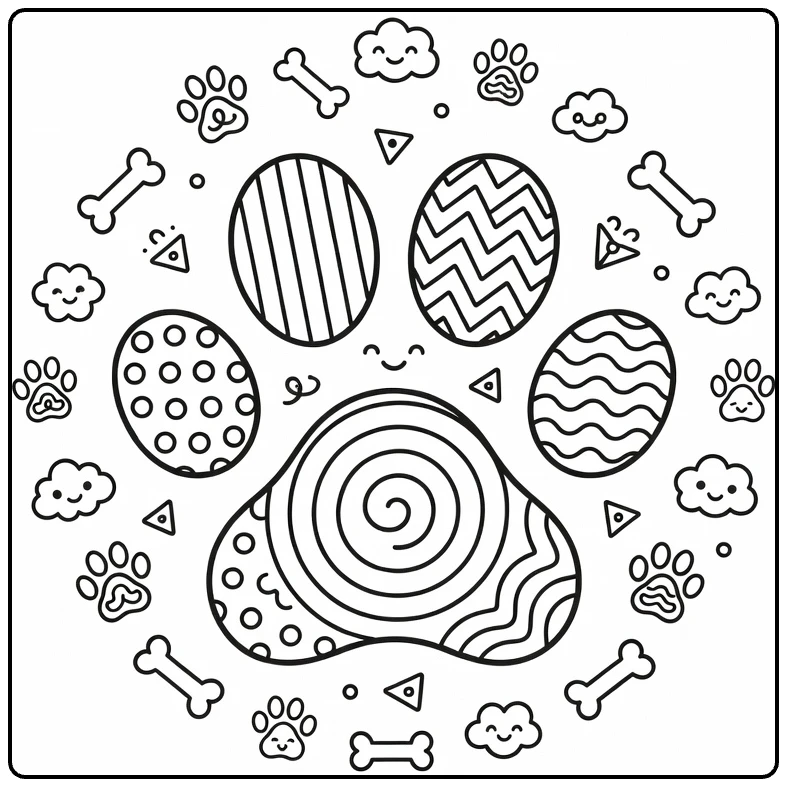 Geometric dog paw coloring page with patterned pads and cute faces