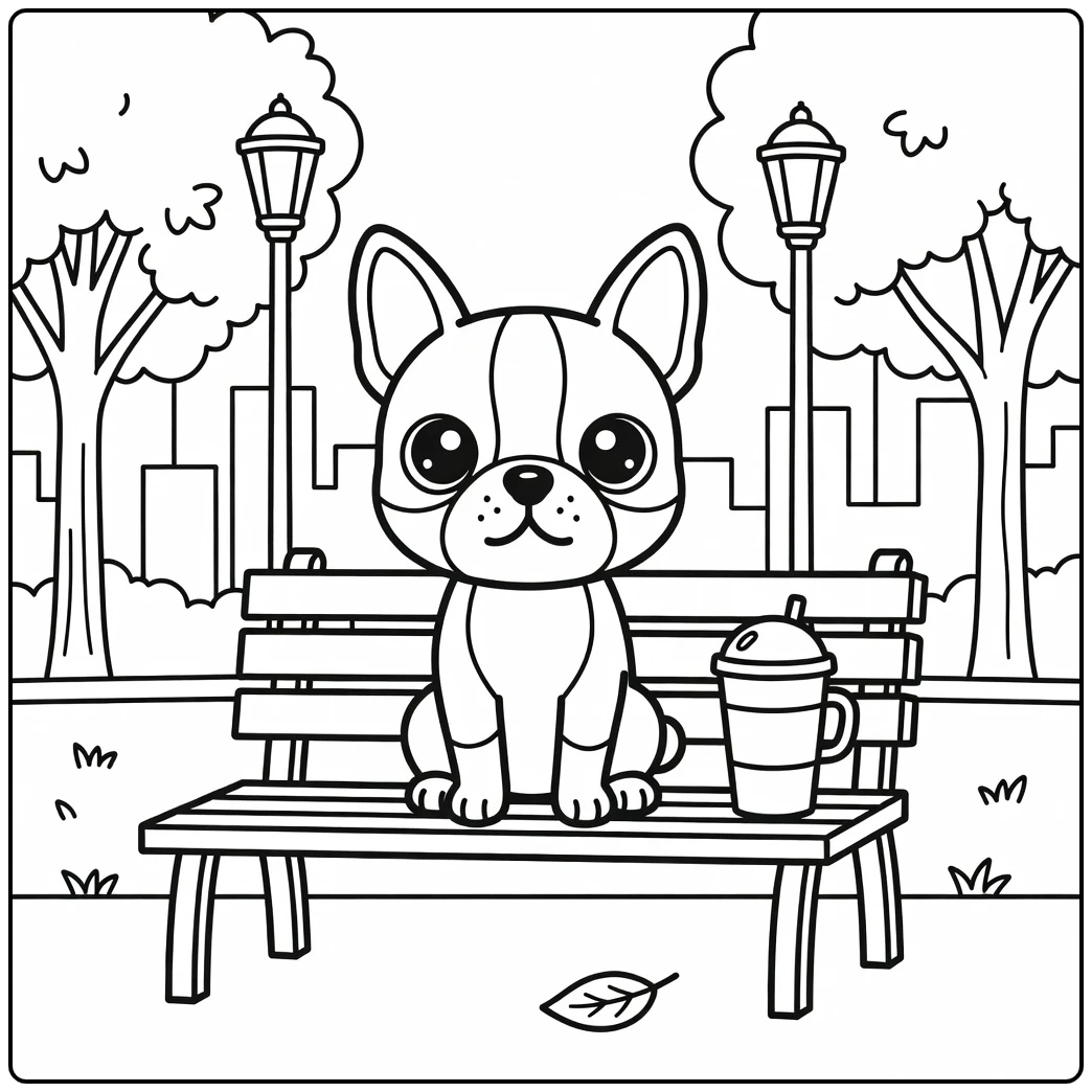 A cute Boston Terrier on a bench kawaii dog coloring page.