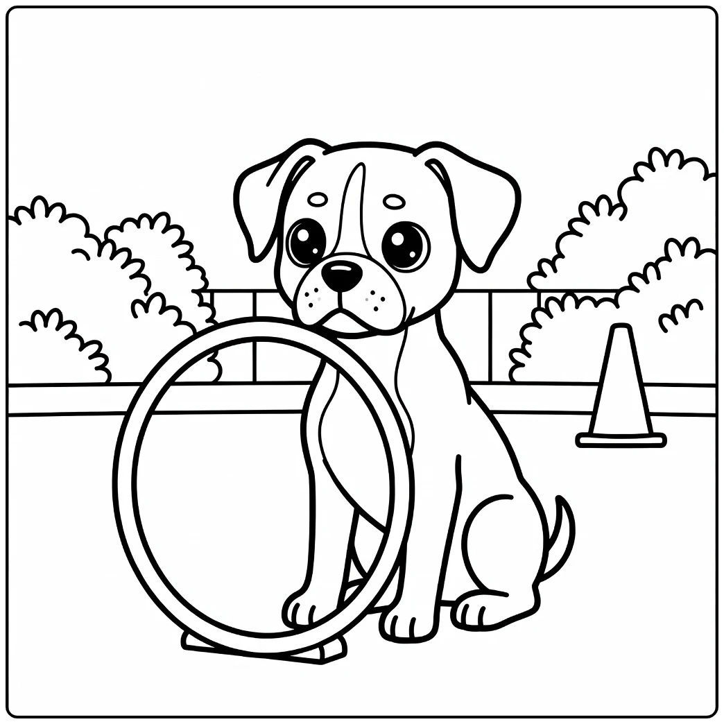A focused Boxer on a kawaii dog coloring page with an agility hoop.
