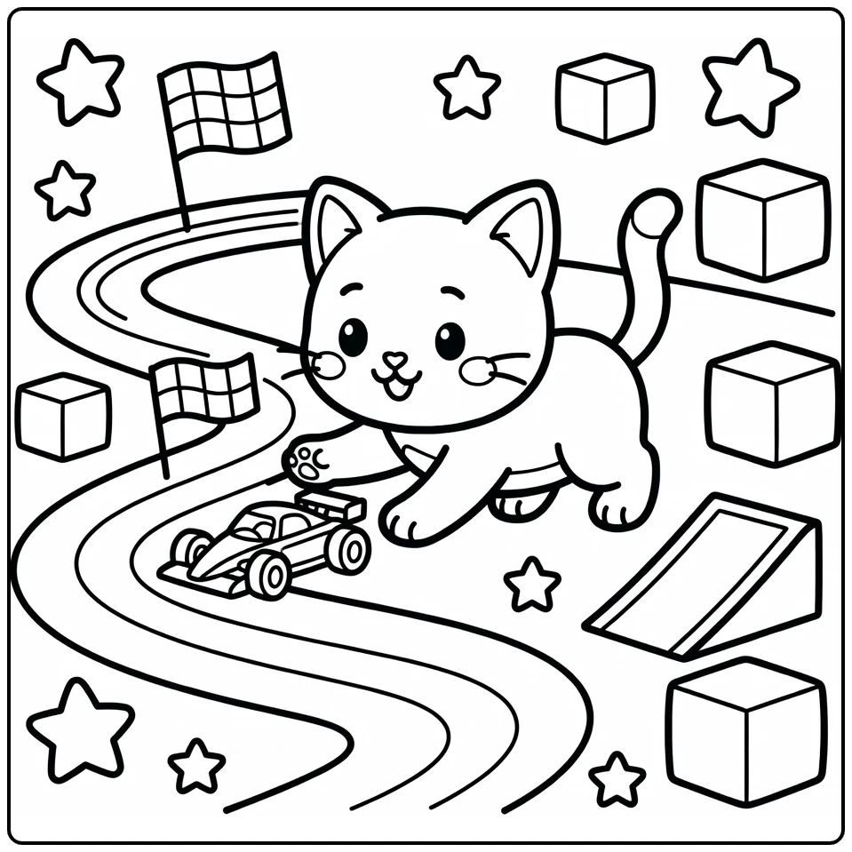 Boy cat coloring pages: playful pounce batting toy car on track