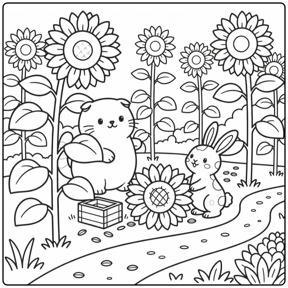 Bunny and cat coloring pages: cat peeks through sunflowers with rabbit