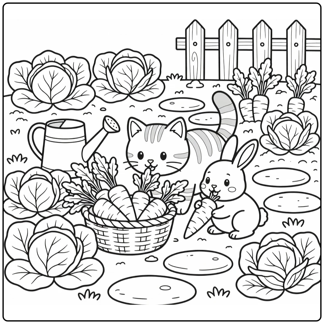 Bunny and cat coloring pages: cat sniffs carrots, bunny nibbles