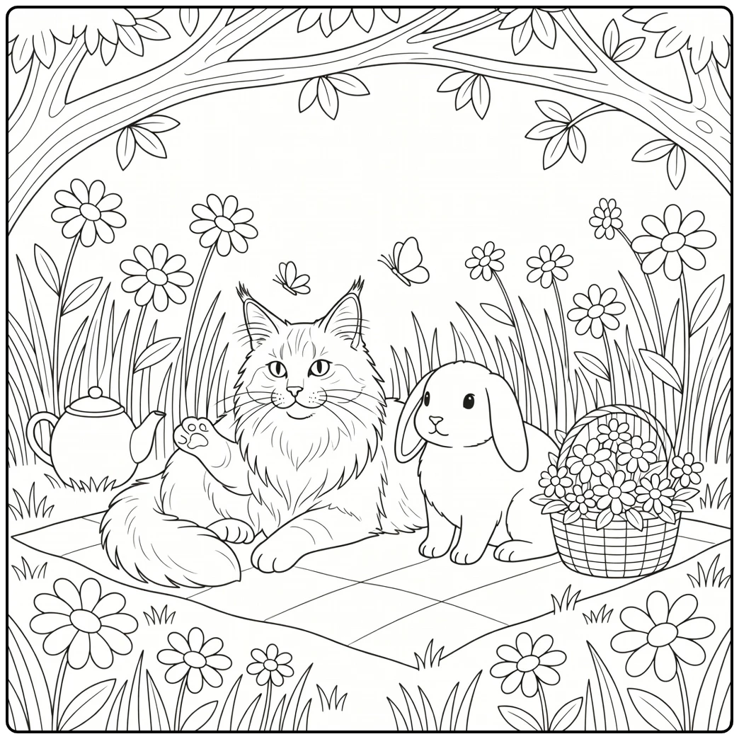 Bunny and cat coloring pages: Maine Coon cat and lop rabbit picnic