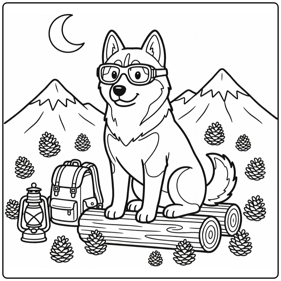 Dog with glasses coloring page: camping Siberian Husky