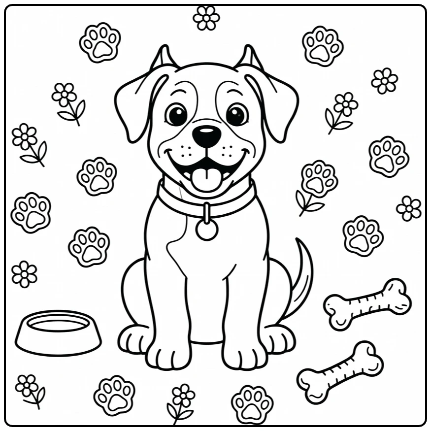 Cane Corso coloring page of proud puppy with toys and bowl