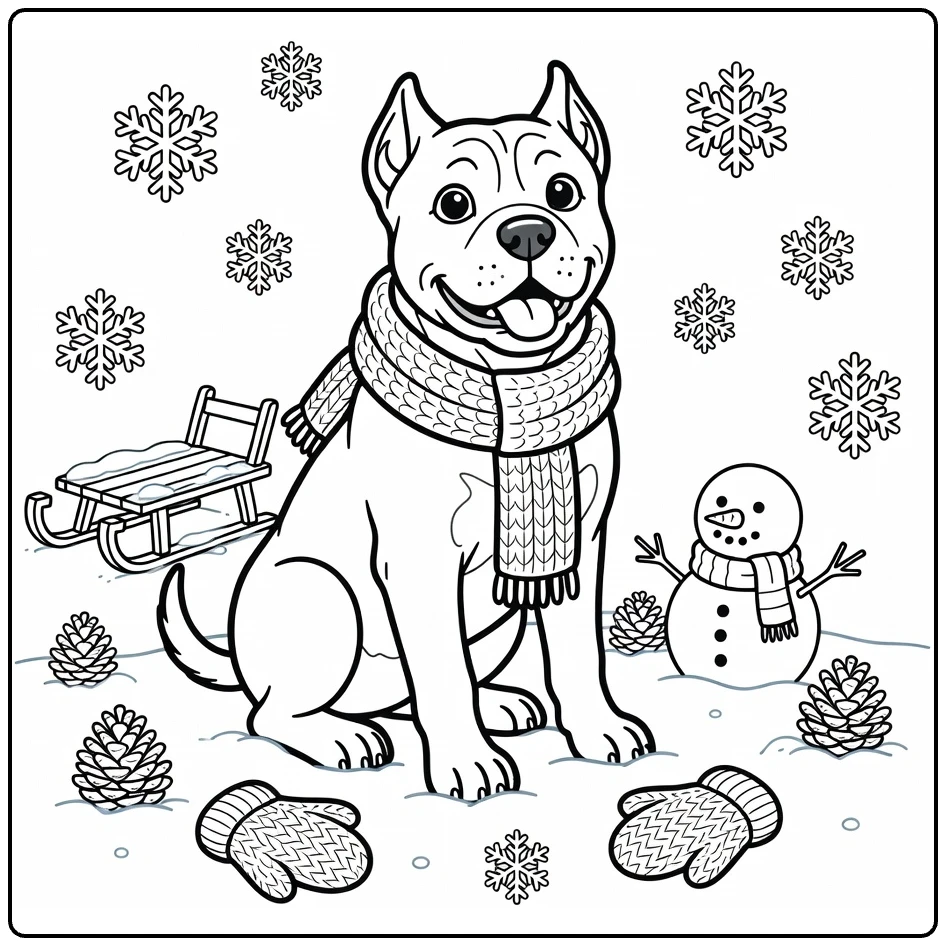 Cane Corso coloring page: scarf-wearing dog in snow with sled, snowman