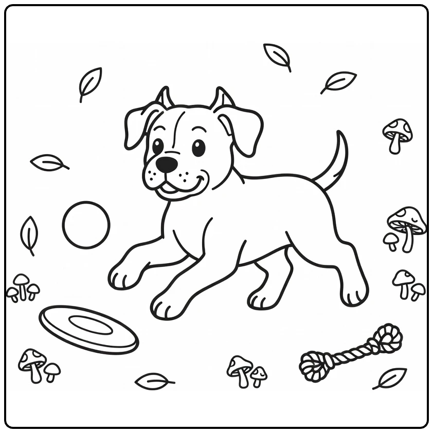 Cane Corso coloring page: dog chasing ball with leaves, toys