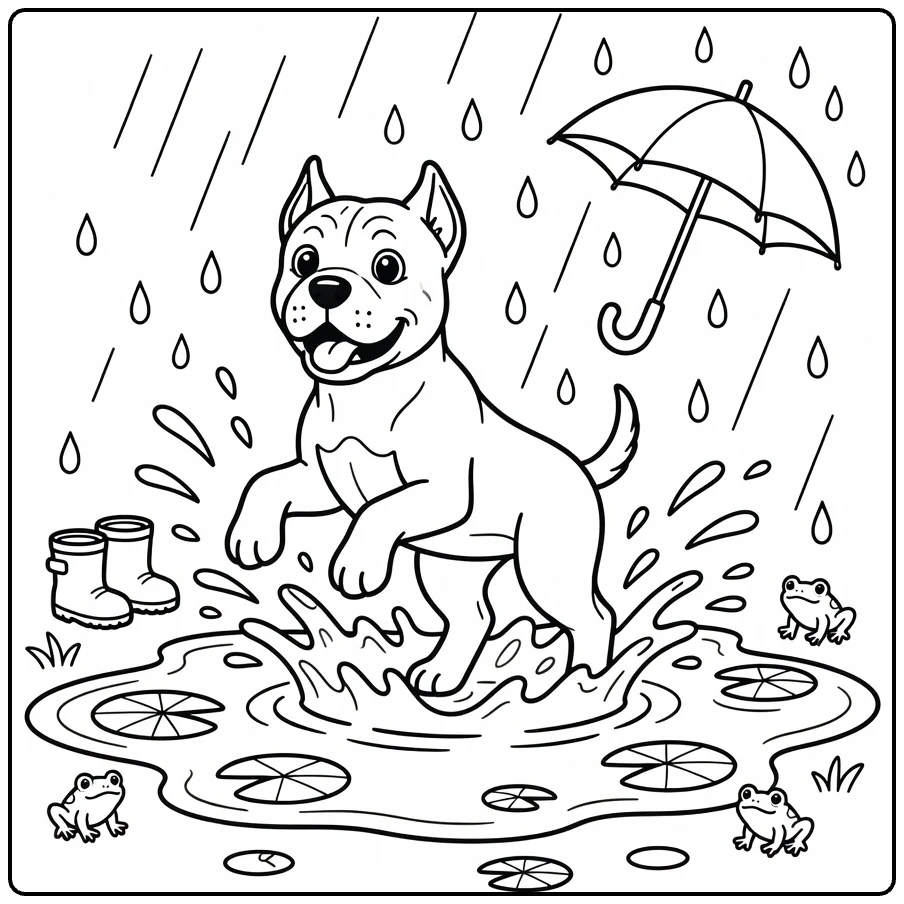 Cane Corso coloring page: pup splashing in puddle with frogs