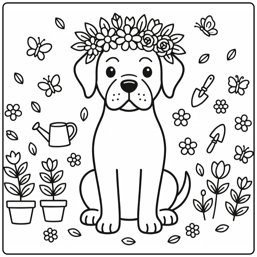 Cane Corso coloring page: sweet dog with flower crown, garden plants