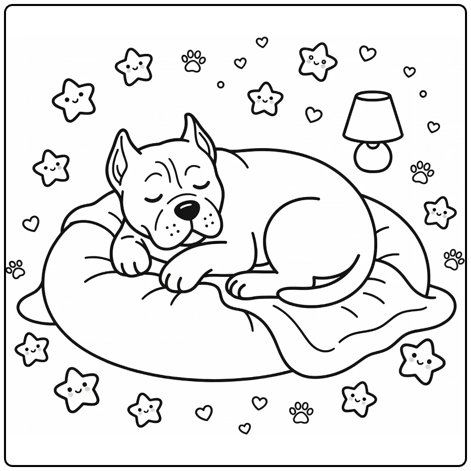 Cane Corso coloring page: cozy pup curled on cushion with toys