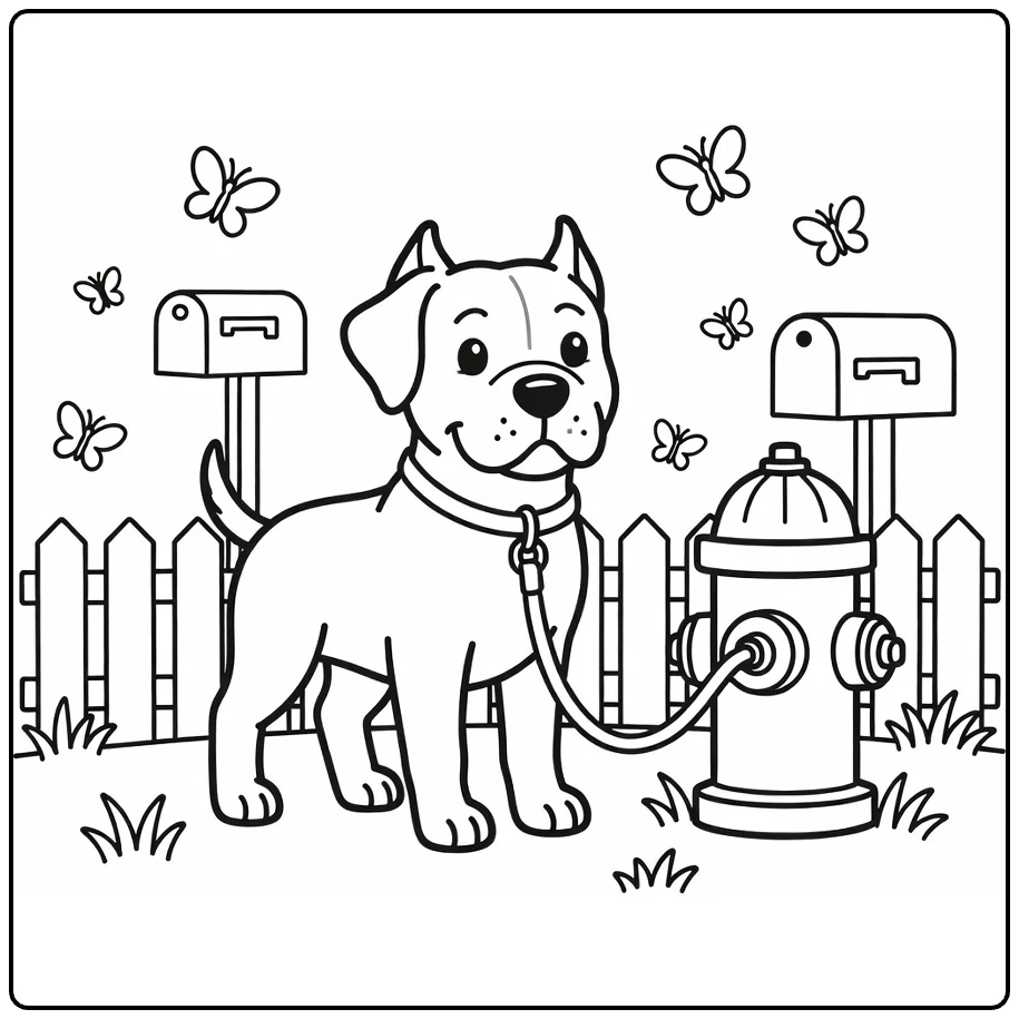 Cane Corso coloring page: dog by hydrant on walk
