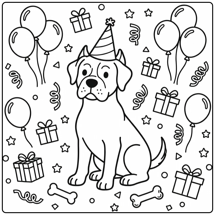 Cane Corso coloring page: festive dog in hat, balloons, gifts