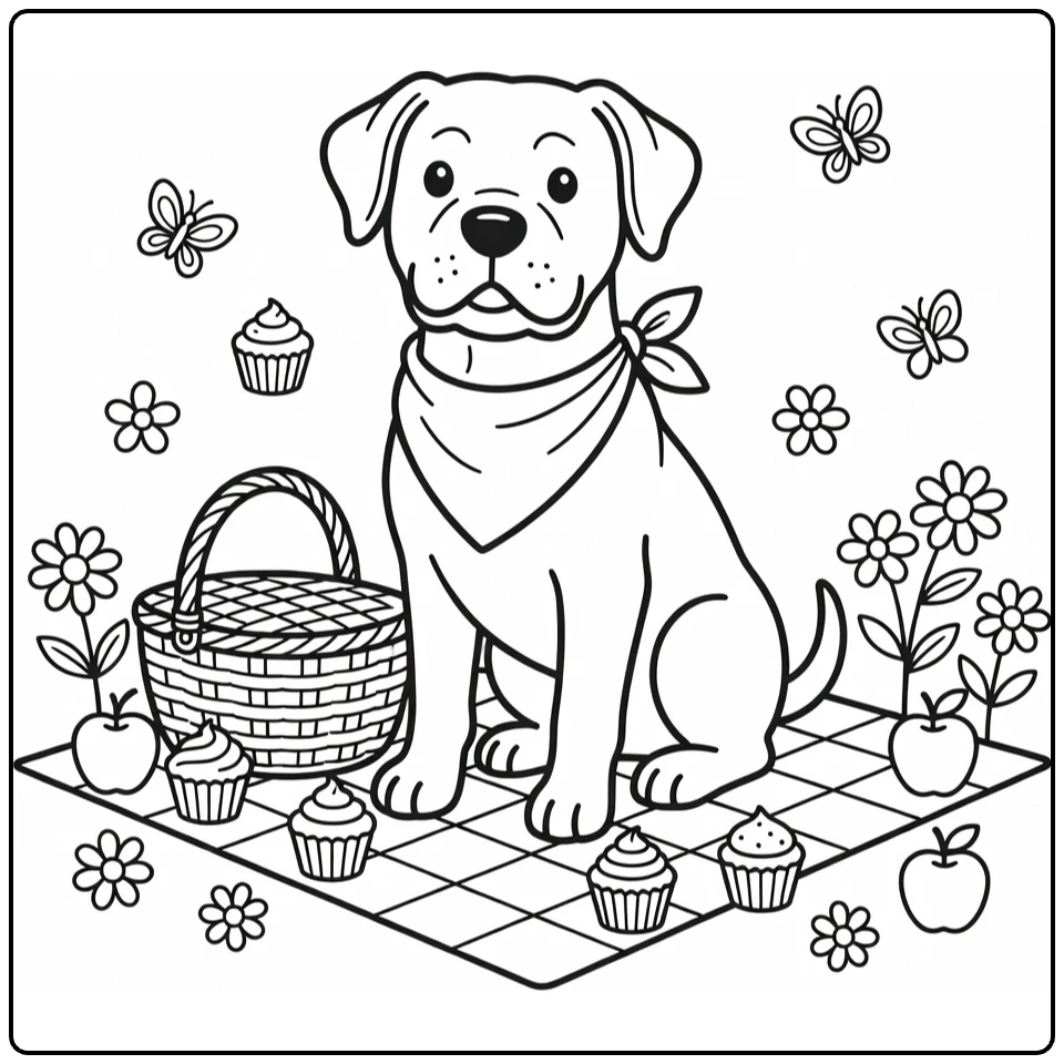Cane Corso coloring page: bandana pup by picnic basket