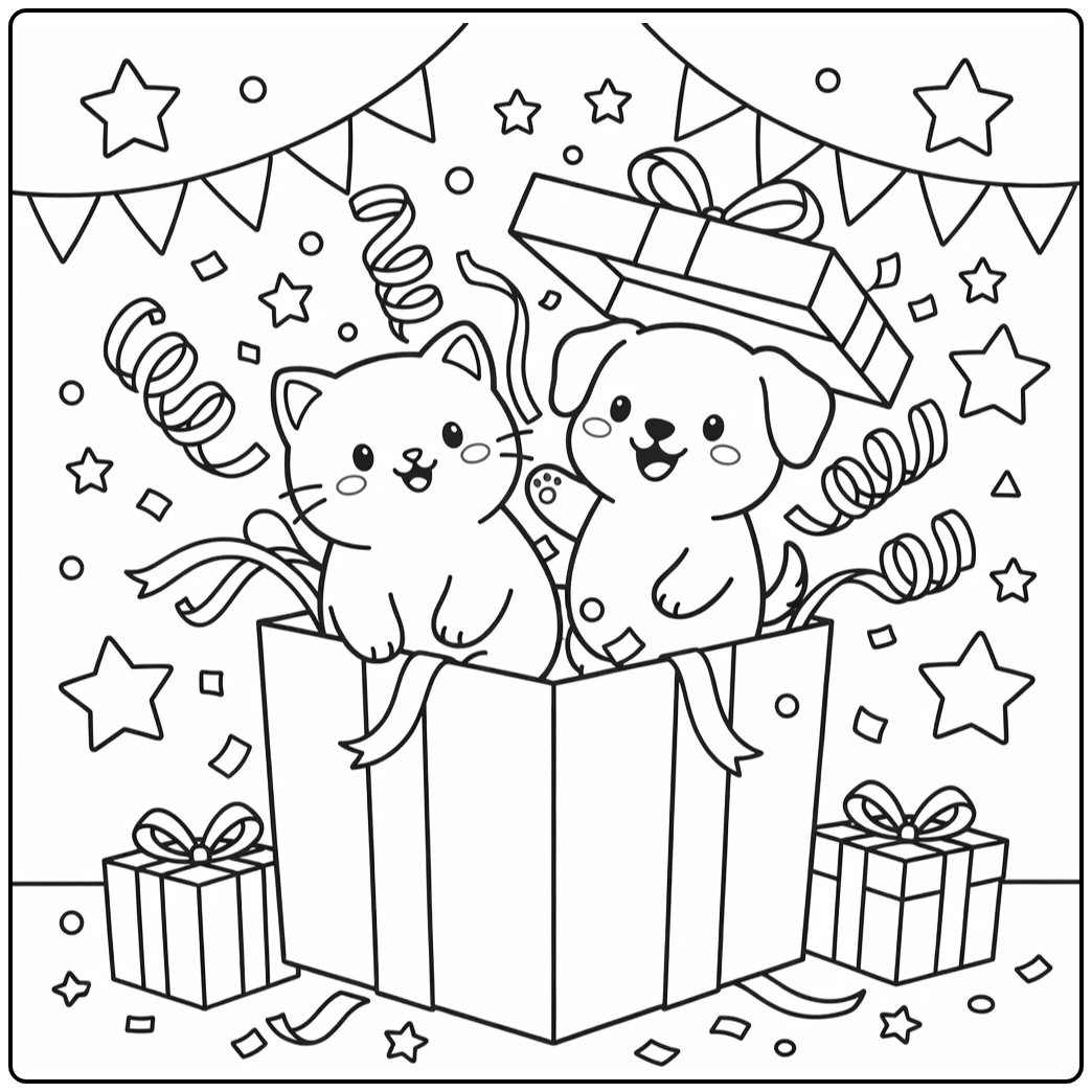 cartoon cat and cartoon dog coloring pages gift box pop out