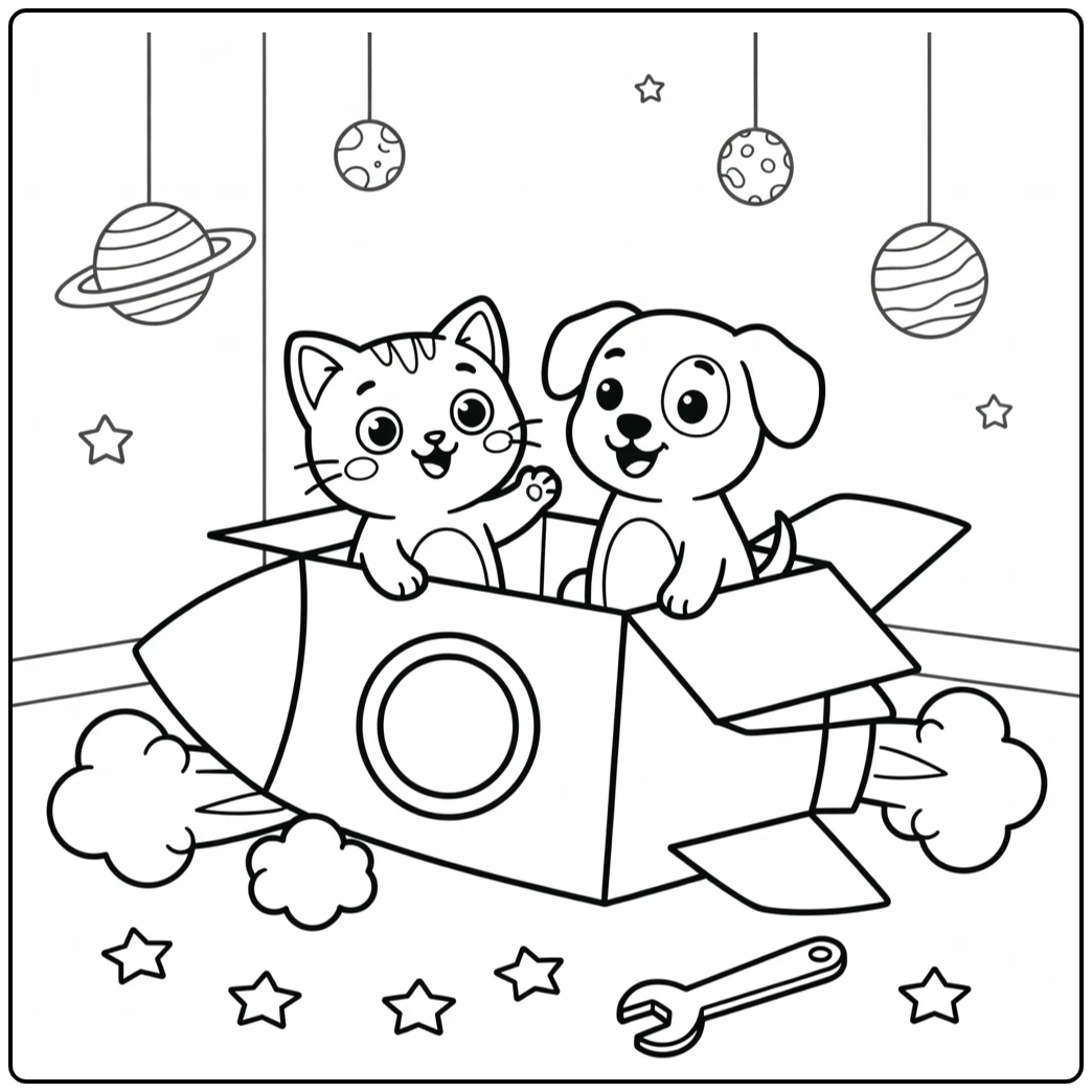 Cartoon cat and cartoon dog coloring pages: rocket blast off