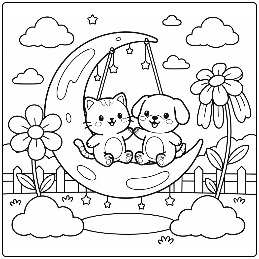 Cartoon cat and cartoon dog coloring pages on moon swing