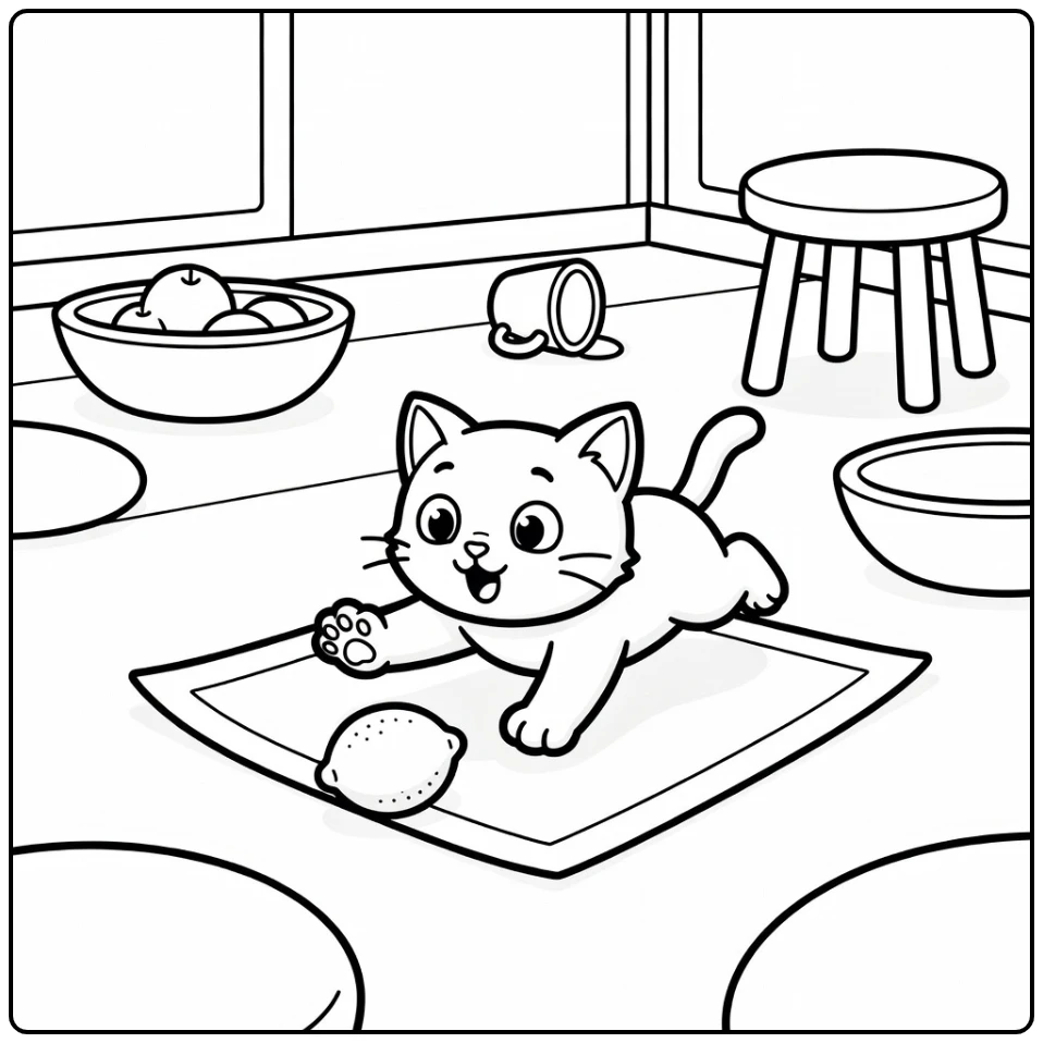 Cartoon kitten coloring pages: skidding on placemat toward lemon