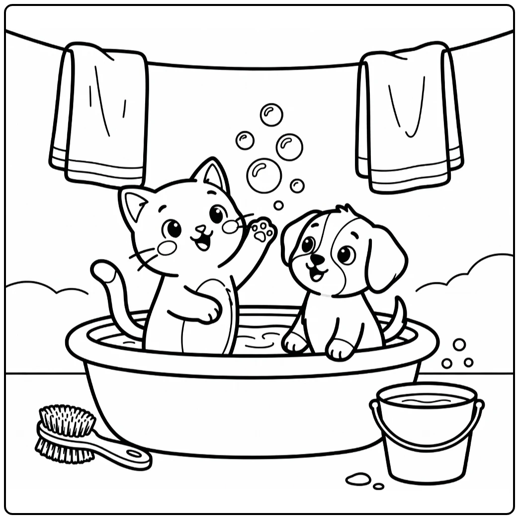 Cat and dog coloring pages: playful cat with bubbles, puppy in tub