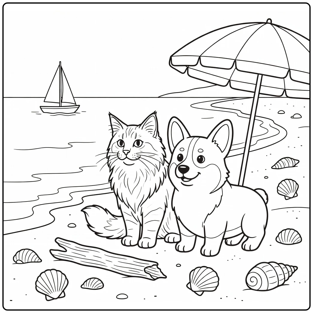 Maine Coon & Corgi watch sailboat beach cat and dog coloring pages