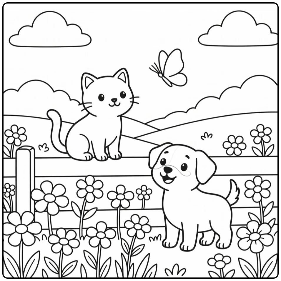 Cat and dog coloring pages: cat on fence, dog in flowers eyeing butterfly