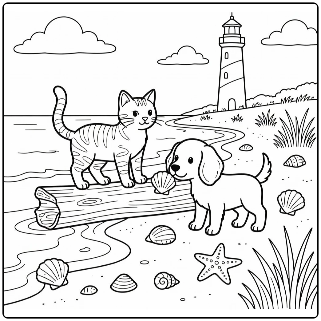 Cat and dog coloring pages for adults: tabby on driftwood, spaniel at beach