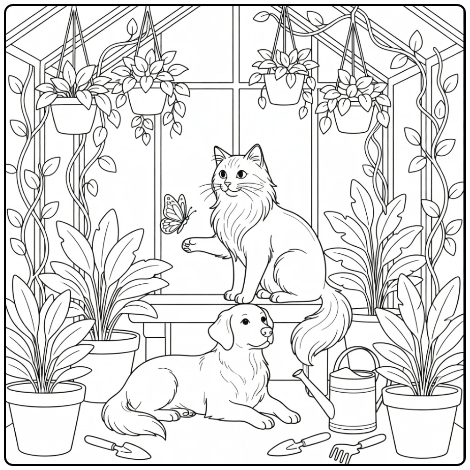 Cat and dog coloring pages for adults: cat on bench, dog below