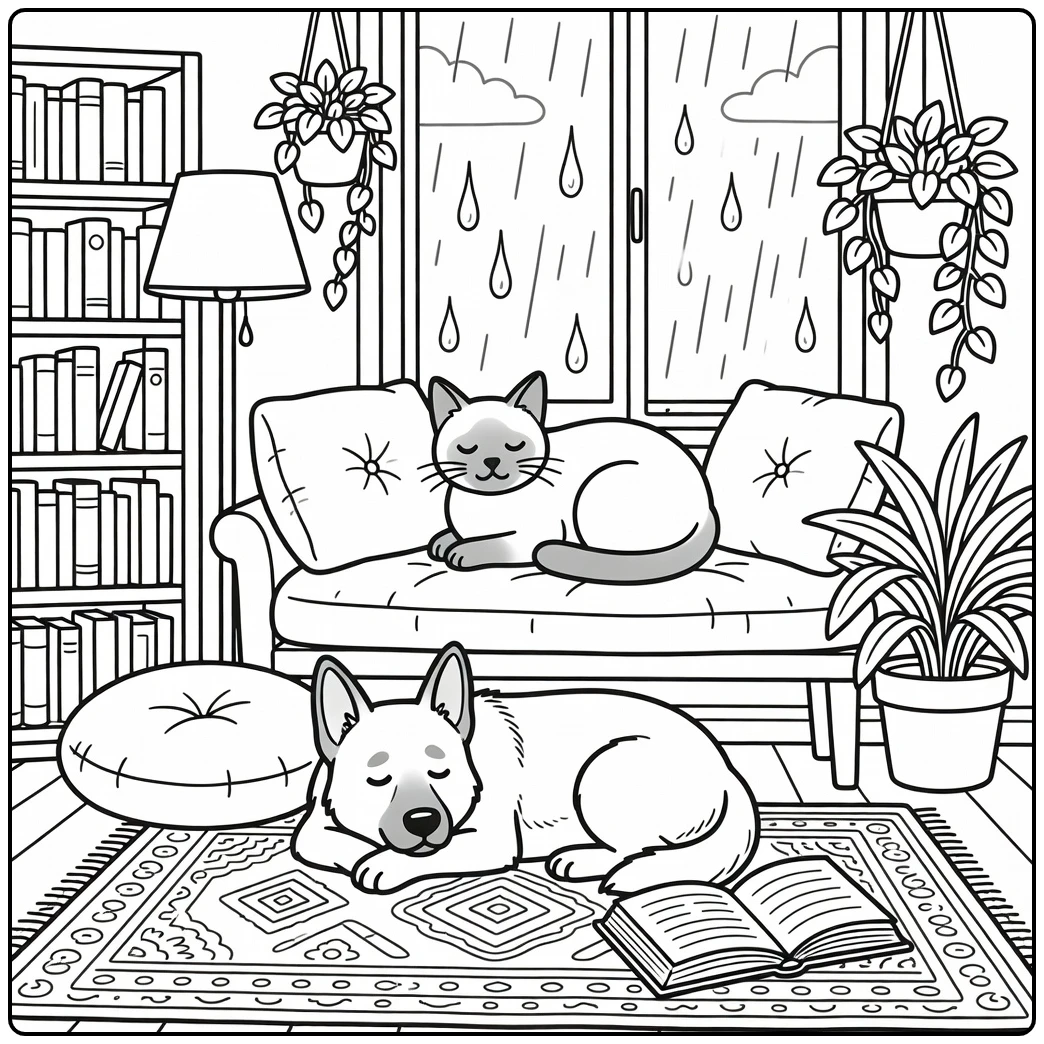Cat and dog coloring pages for adults: Siamese cat & shepherd dog in cozy nook (58 chars)