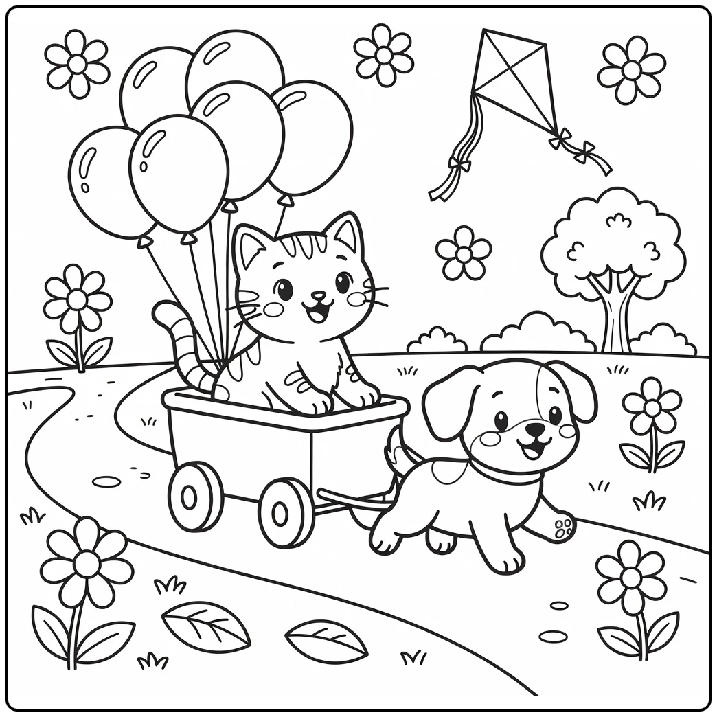 Cat and dog coloring pages for kids: tabby cat in wagon pulled by puppy